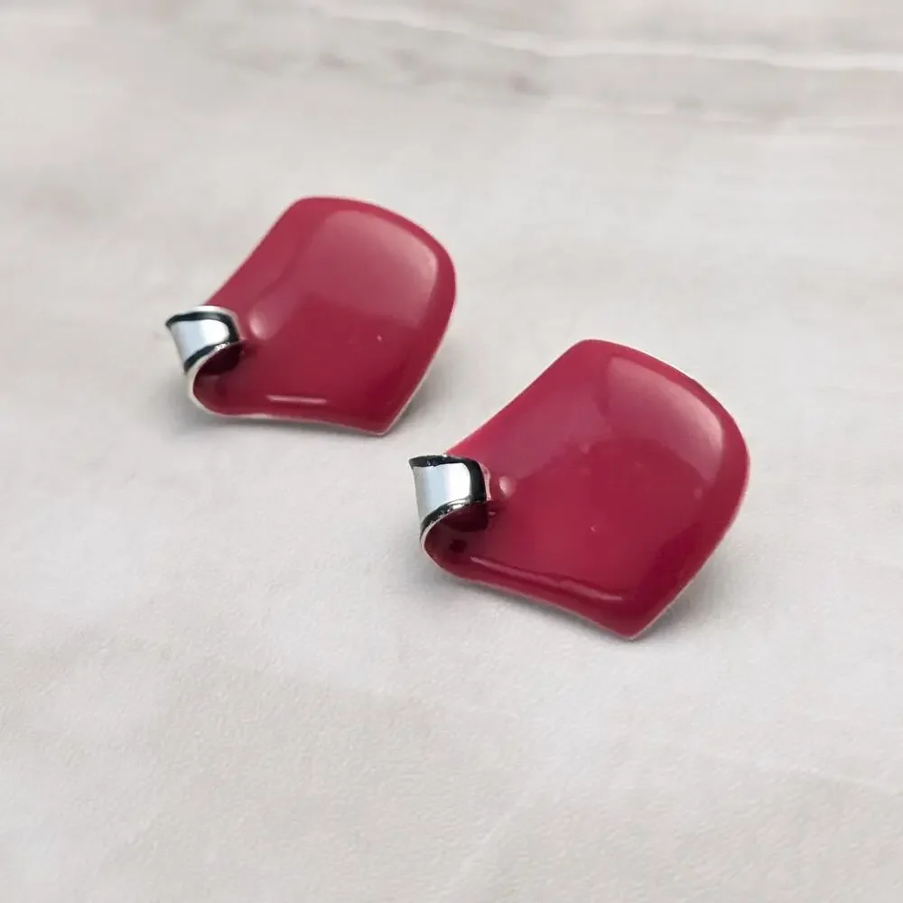 Vintage Clip On Earrings Very Unusual Red Enamel Curved Top - Some Marks